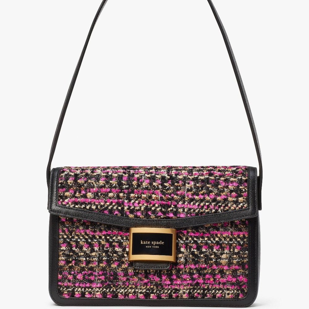 New Kate Spade Katy Tweed Flap Shoulder bag Pink Multi